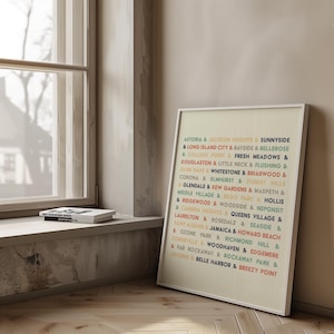 Puede incluir: Un póster beige con un marco blanco enumera los nombres de los barrios de la ciudad de Nueva York en un formato colorido, vertical y apilado. El texto está en una fuente sans-serif.