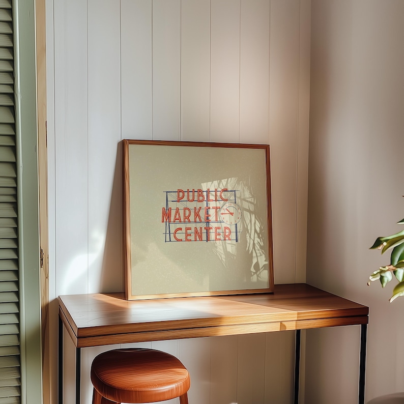 Illustration of Seattle, Washingtons iconic Public Market Center or Pike Place Market sign on a tan background