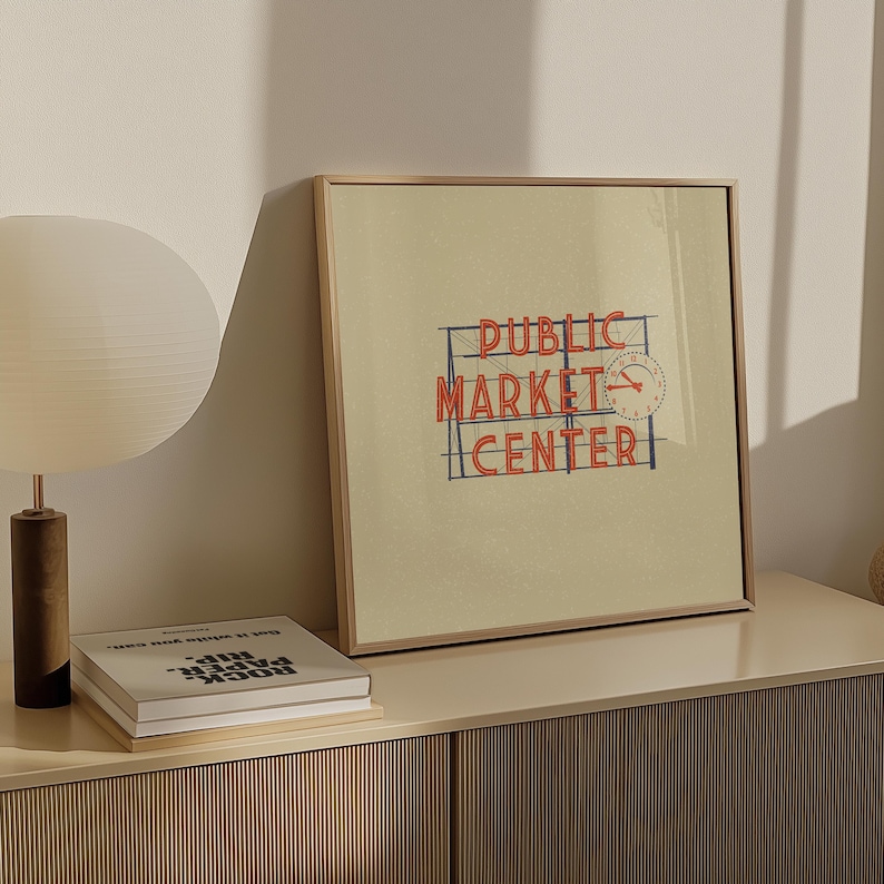 Illustration of Seattle, Washingtons iconic Public Market Center or Pike Place Market sign on a tan background