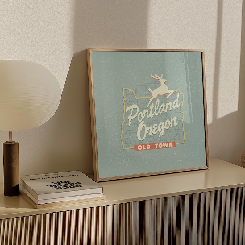 Minimalist art illustration of Portland, Oregon's iconic Old Town White Stag sign on a blueish background