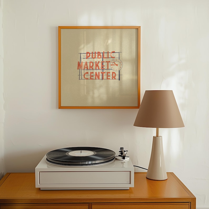 Illustration of Seattle, Washingtons iconic Public Market Center or Pike Place Market sign on a tan background