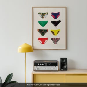 May include: A digital print of eight different pairs of underwear in various colors and patterns, including floral, camouflage, and solid colors. The print is framed and hanging on a white wall above a stereo system and a yellow lamp.