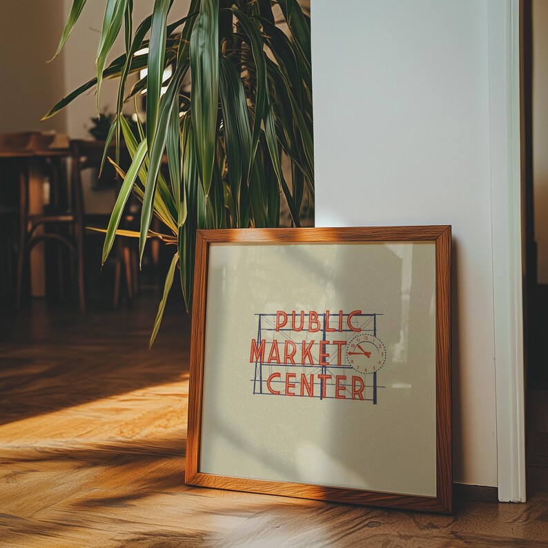 Illustration of Seattle, Washingtons iconic Public Market Center or Pike Place Market sign on a tan background