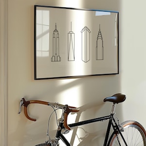 minimalist new york city buildings (black and white) | nyc line art iconic skyscrapers empire state flatiron chrysler print