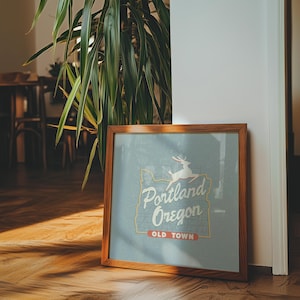 Minimalist art illustration of Portland, Oregon's iconic Old Town White Stag sign on a blueish background