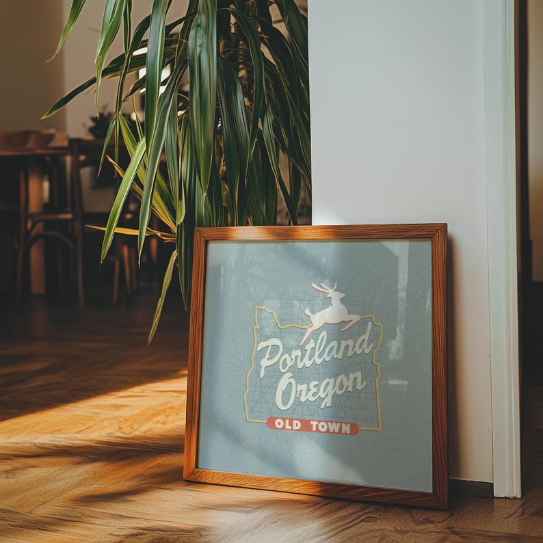 Minimalist art illustration of Portland, Oregon's iconic Old Town White Stag sign on a blueish background