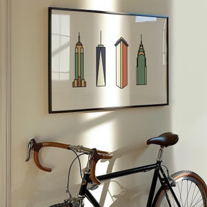 minimalist new york city buildings (retro) | nyc line art iconic skyscrapers empire state flatiron chrysler print