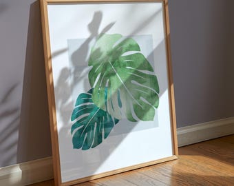 Impresión de monstera / Hawái, hoja, planta, naturaleza, tropical, verde, acuarela, arte de pared, póster, viaje, regalo minimalista