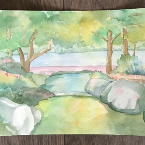 Original watercolor painting/landscape and greenery/river/Yosemite/valley life/secret meadow/serenity/peaceful