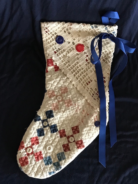 Antique vintage Red White Christmas stocking made from a Quilt Primitive Country Farmhouse