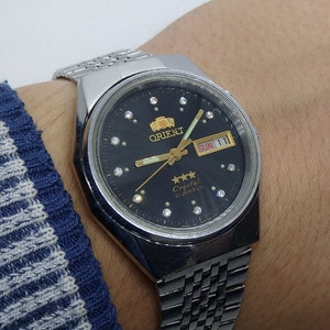 Orient Automatic Vintage watch, Mechanical Automatic Watch, rare dial, japan watch, metal bracelet, black watch