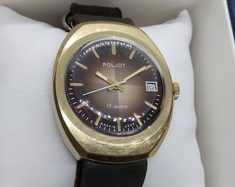 Montre soviétique vintage Poljot, montre marron, montre mécanique, montre en cuir