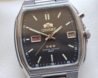 Vintage Orient Automatic Square Watch: Black Dial, Day-date