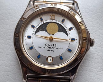 ALBA Seiko Carib Quartz watch with Moon Phases Calendar, small Moon watch, fashion watch, with date calendar, Japan womens watch