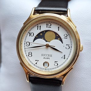 ALBA Seiko Moonphase watch, Quartz watch, Real Moon Phases Calendar, Moon wristwatch,  womens watch, gift for her, moon watch, white watch