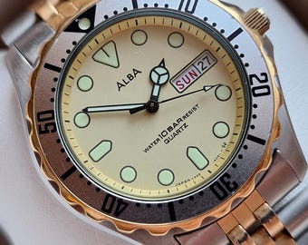 Vintage Seiko Alba Classic Watch: Luminous Dial, Quartz Japan Watch, metal bracelet