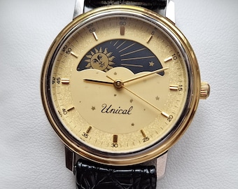 Reloj Unical Vintage Día Noche, Reloj de cuarzo con indicador día noche, Reloj Sol Luna, Reloj blanco