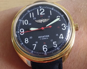 Raketa Aviator watch, mechanical watch, black watch, USSR watch, mens watch