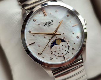Nuovo orologio Henry London con fasi lunari, al quarzo, con calendario delle fasi lunari reali, orologio da polso con fasi lunari, orologio bianco, quadrante in madreperla.