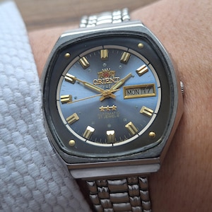 Vintage blue orient watch, Square Orient automatic watch, Japan watch, mechanical wristwatch, blue watch, stainless steel