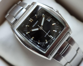 Vintage ORIENT square black watch, Mechanical Automatic Watch, japan watch, metal bracelet,