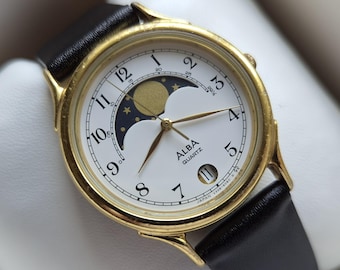 ALBA Seiko Moonphase watch, Quartz watch, Real Moon Phases Calendar, Moon wristwatch,  womens watch, gift for her, moon watch, white watch