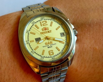 Orient Automatic watch, Mechanical Automatic Watch, beige dial, japan watch, metal bracelet