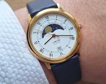 Heno Swiss Mondphasen Uhr, Swiss made Quarzuhr, Echte Mondphasen Kalender, Mond Armbanduhr, Monduhr,