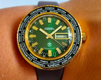 Vintage Raketa Cities World time, Raketa Time Zone Calculator, mens watch, raketa watch, pilot watch, wristwatch, green watch