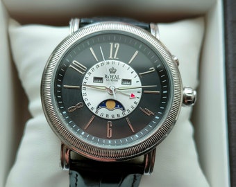 Royal Swiss Moonphase watch, Quartz watch, Real Moon Phases Calendar, Moon wrist watch, black watch
