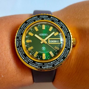 Vintage Raketa Cities Czas światowy, Kalkulator strefy czasowej Raketa, zegarek męski, zegarek Raketa, zegarek pilota, zegarek na rękę, zielony zegarek