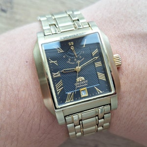 Orient Tank Power reserve watch, Square Orient Panzer Automatic mechanical watch, black dial, japan watch, metal bracelet
