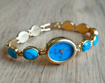 Womens watch with turquoise, womens watch, quartz watch, ladies watch, swiss watch, gift for her, blue watch