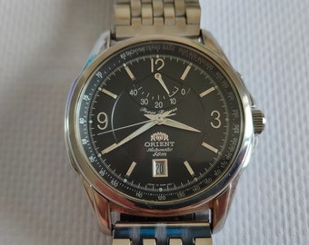 Vintage Orient Power reserve watch, Automatic watch, Japan watch, mechanical watch, black watch, date calendar