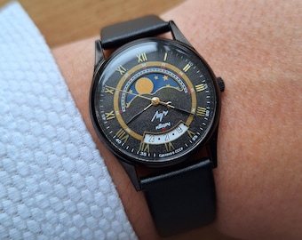 NIEUW quartzhorloge LUCH met echte maanstandenkalender, maanpolshorloge, Sovjethorloge, zwart horloge, maanstandkalender, maanhorloge