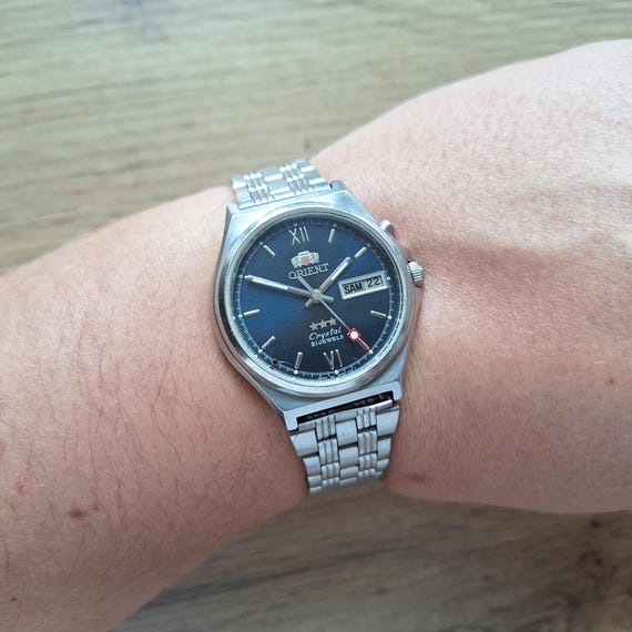 ヴィンテージ オリエント 自動巻き腕時計：ブルー文字盤、ステンレス