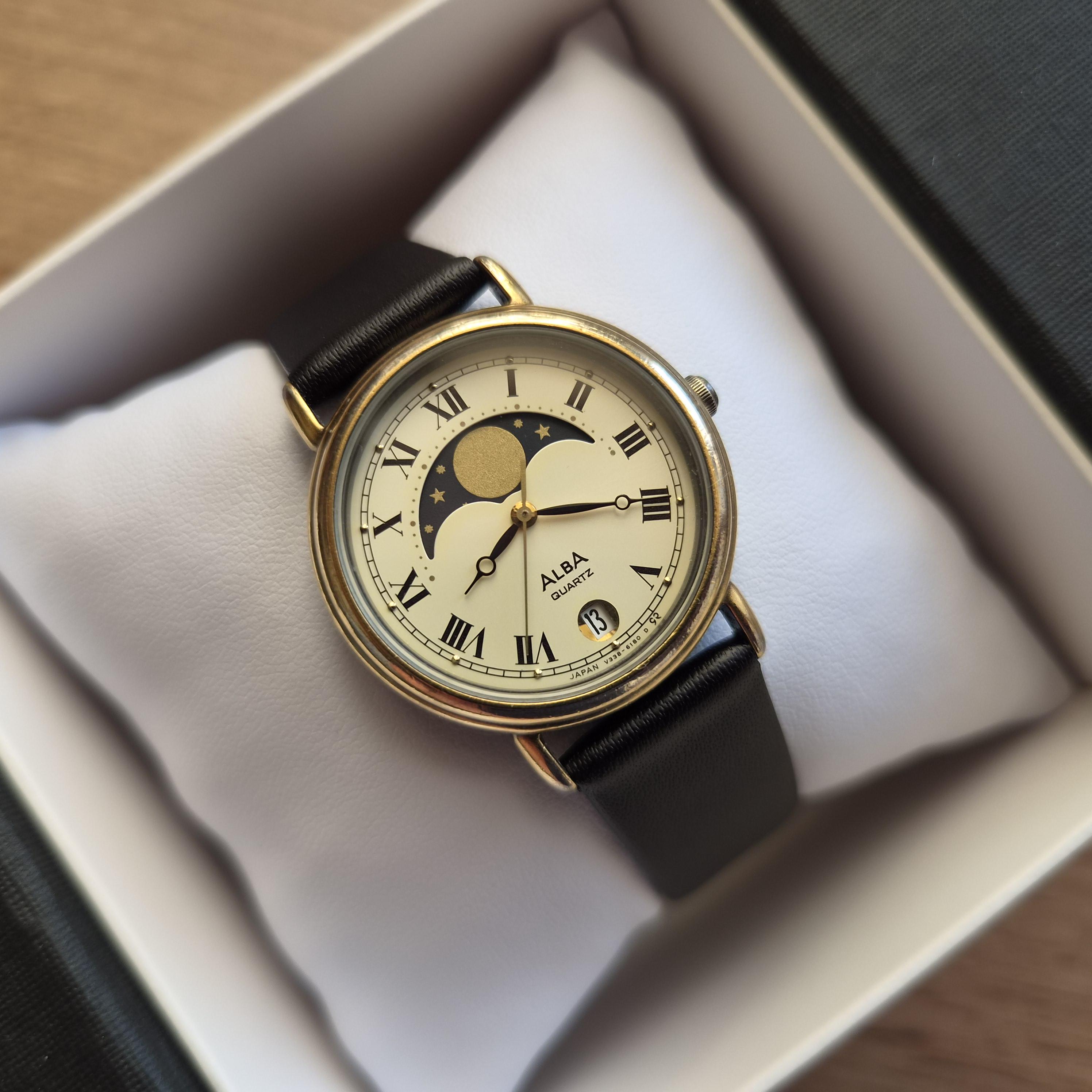 ALBA Seiko Vintage Moonphase Watch, Quartz Watch Real Moon Phases
