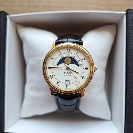 Alfex Swiss Moonphase Watch, Swiss Made Quartz Watch With Real