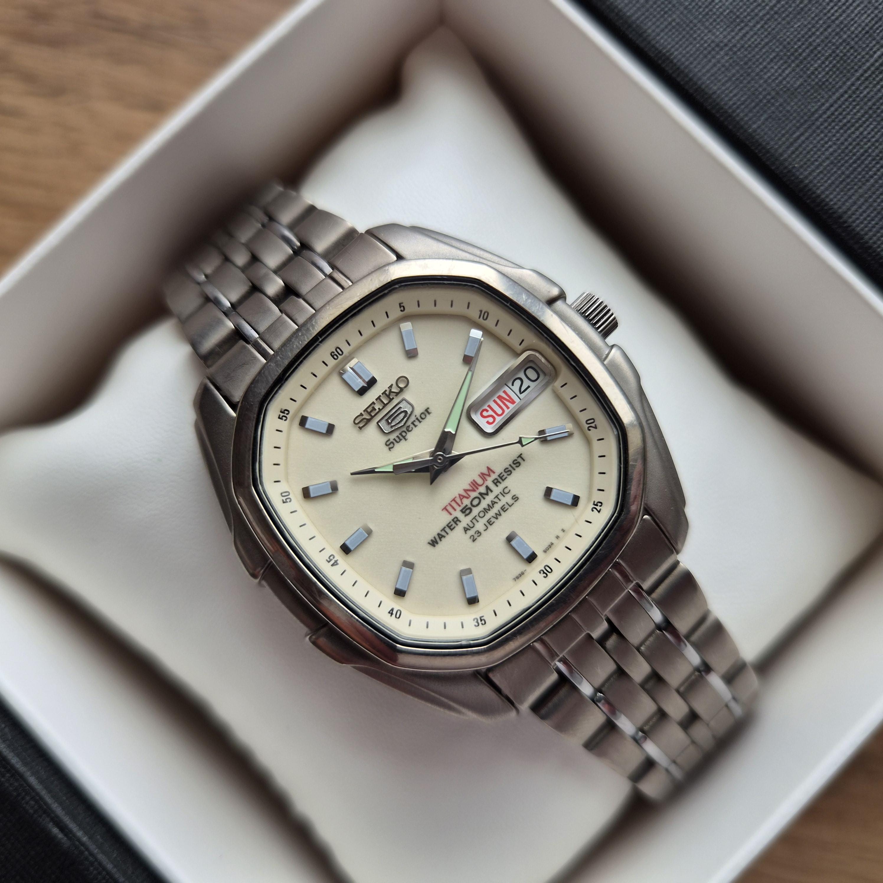 Rare Seiko 5 Superior Titanium Ref 7S36-5020 Cream Dial, 23 Jewels