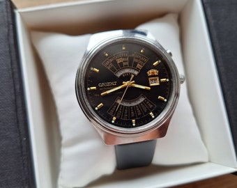 Watch Orient Perpetual calendar, black watch, multi data, automatic vintage watch, orient multi year calendar, vintage mechanical watch,