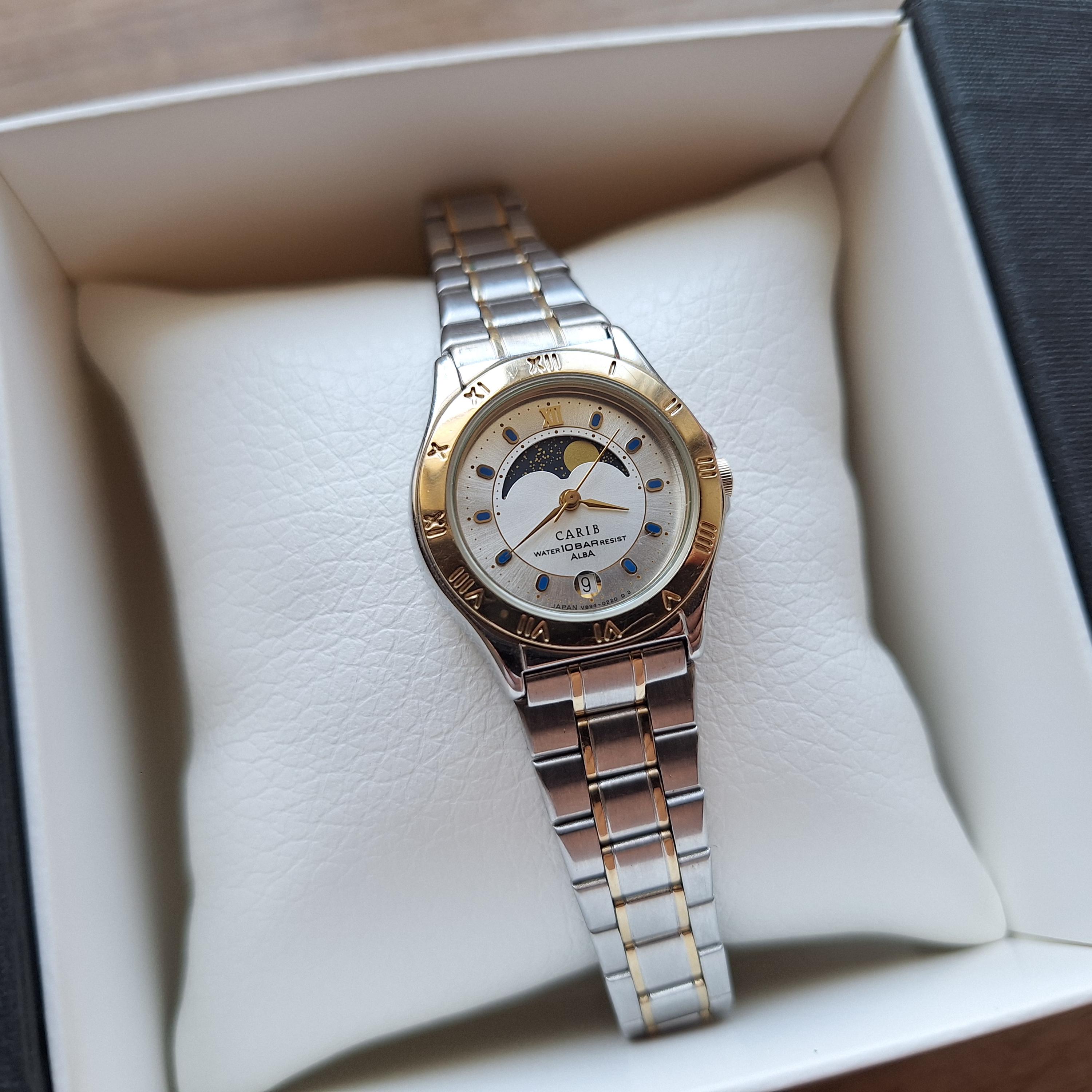 ALBA Seiko Carib Quartz Watch With Moon Phases Calendar, Small