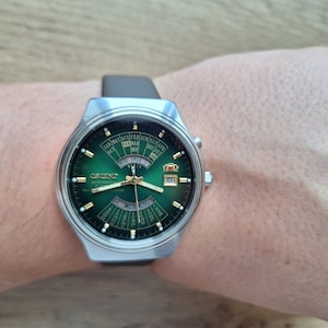 Uhr Orient College, Ewiger Kalender, grüne Uhr, Mehrjahreskalender Orient Uhr, Automatik Vintage Uhr, mechanische Vintage Uhr,