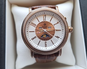Reloj suizo Royal London Moonphase, reloj de cuarzo, calendario de fases lunares reales, reloj de pulsera con luna, reloj marrón, reloj de bronce