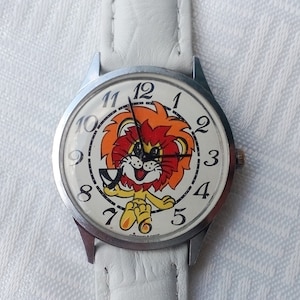Reloj de pulsera vintage para niños león amarillo, reloj blanco, reloj mecánico para niños, reloj de héroes de dibujos animados vintage, correa de cuero nueva