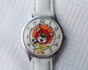 Vintage kid wristwatch yellow lion, white watch, mechanical child watch, vintage cartoon heroes watch, leather strap new