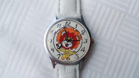 Vintage kid wristwatch yellow lion, white watch, … - image 1