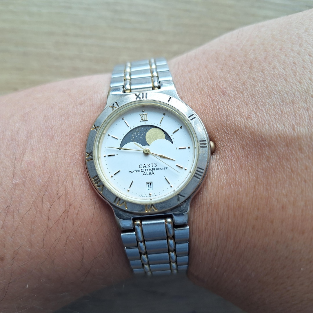 美品◎SEIKO ALBA CARIB腕時計ムーンフェイズ セイコーカリブメンズ 希少 1990年製 /ヴィンテージ美品/稼働]SEIKO ALBA CARIB セイコー