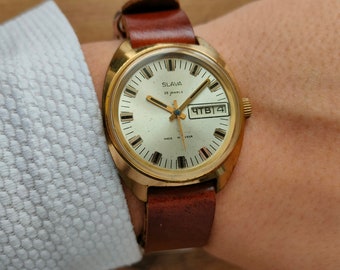 Slava watch, mens watch, ussr watch, Gift for man watch, day and date  indicator, rare dial, leather strap, mechanical watch