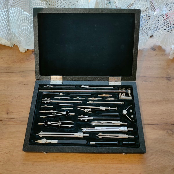 Professional Drawing Set, Drafting tools, Drafting Set, Drawing Instruments, big Case Instruments, Soviet case of drawing instruments