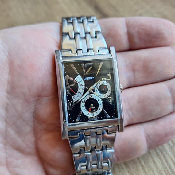 Vintage Orient Quartz Watch: Day-date 24h Dial, Square Face